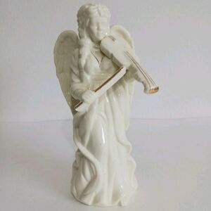 VTG White Porcelain Angel Figurine 8" w/Violin Gold Trim Mantle Shelf Decor Gift